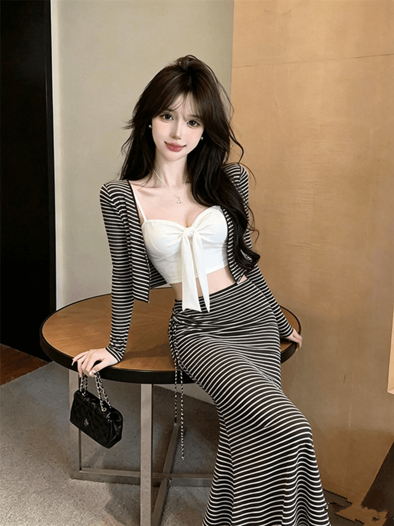 실사 순수한 욕망 디자인 센스 캐미솔 긴팔 오픈 가디건 몸매 가꾸기 슬림해 보이는 스트라이프 타이트 스커트 롱 스커트 3종 세트 상세 이미지 9