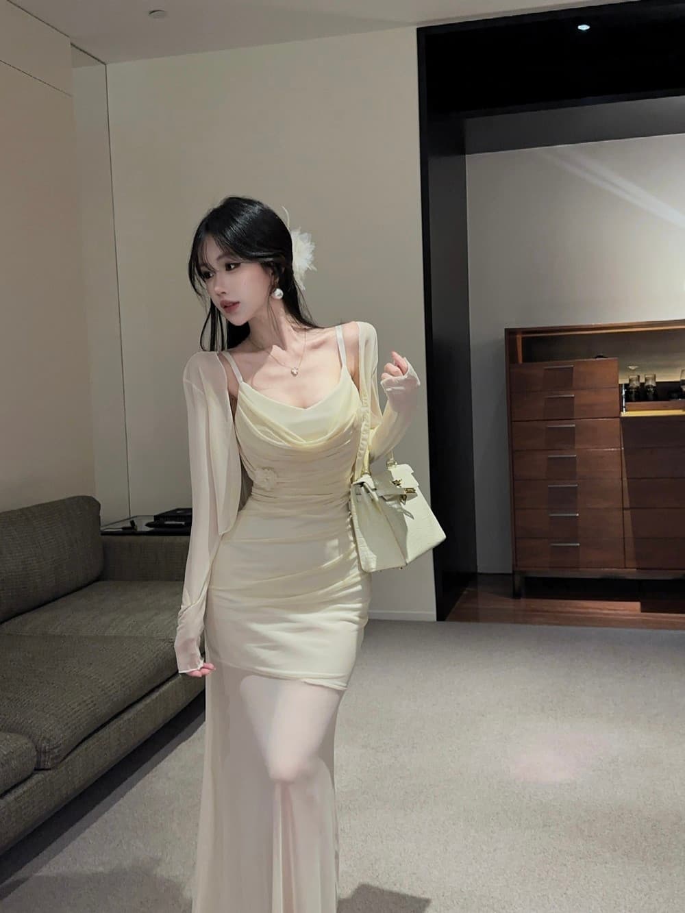 실사 순수한 욕망 흔들다 칼라 슬림해 보이는 시스루 망사 긴팔 오픈 가디건 투피스 세트 타이트 스커트 드레스 상세 이미지 6
