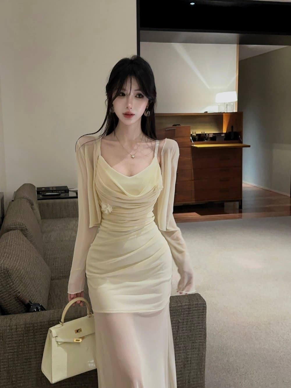 실사 순수한 욕망 흔들다 칼라 슬림해 보이는 시스루 망사 긴팔 오픈 가디건 투피스 세트 타이트 스커트 드레스 상세 이미지 11