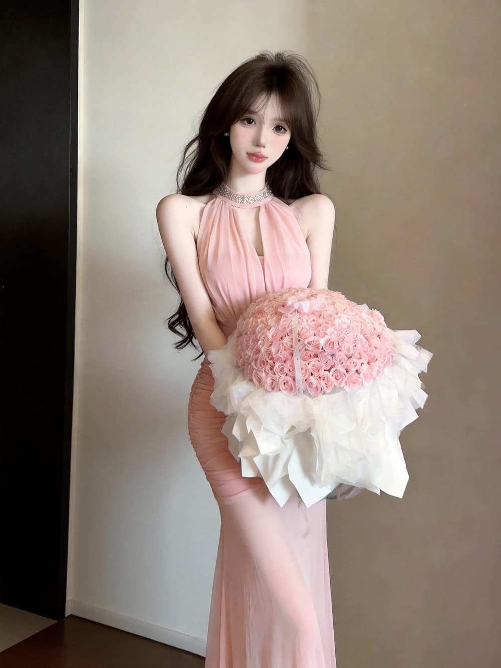 실사 명문 여성 품격 섹시함 행침 목 디자인 센스 망사 휴가 허리 수축 슬림해 보이는 타이트 스커트 드레스