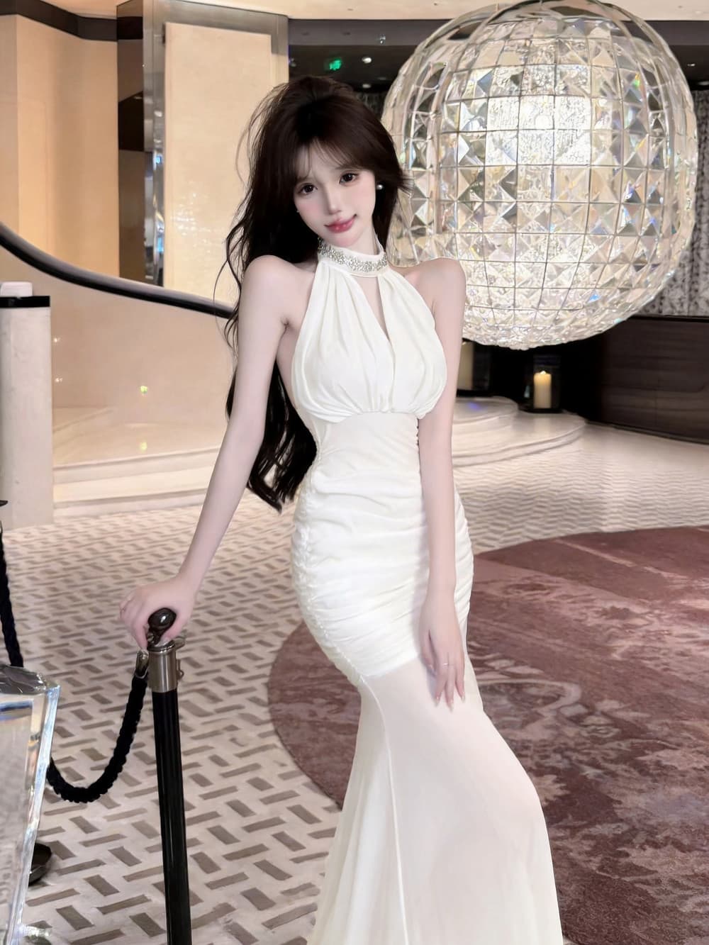 실사 명문 여성 품격 섹시함 행침 목 디자인 센스 망사 휴가 허리 수축 슬림해 보이는 타이트 스커트 드레스 이미지 2