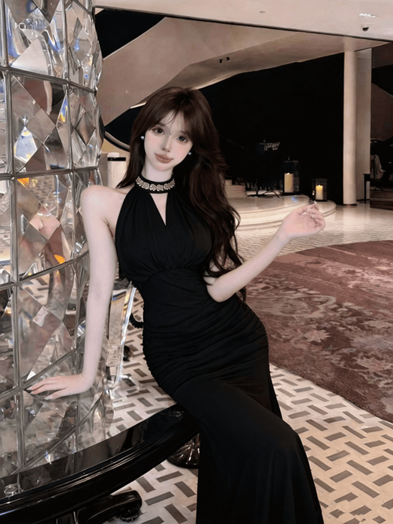 실사 명문 여성 품격 섹시함 행침 목 디자인 센스 망사 휴가 허리 수축 슬림해 보이는 타이트 스커트 드레스 이미지 3