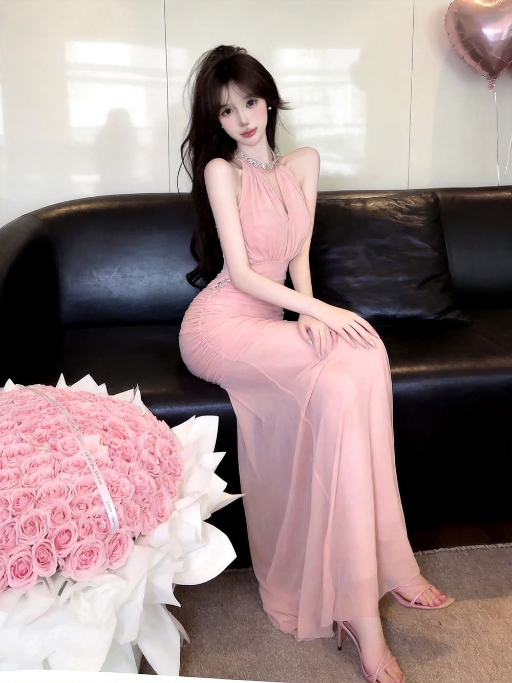 실사 명문 여성 품격 섹시함 행침 목 디자인 센스 망사 휴가 허리 수축 슬림해 보이는 타이트 스커트 드레스 이미지 4