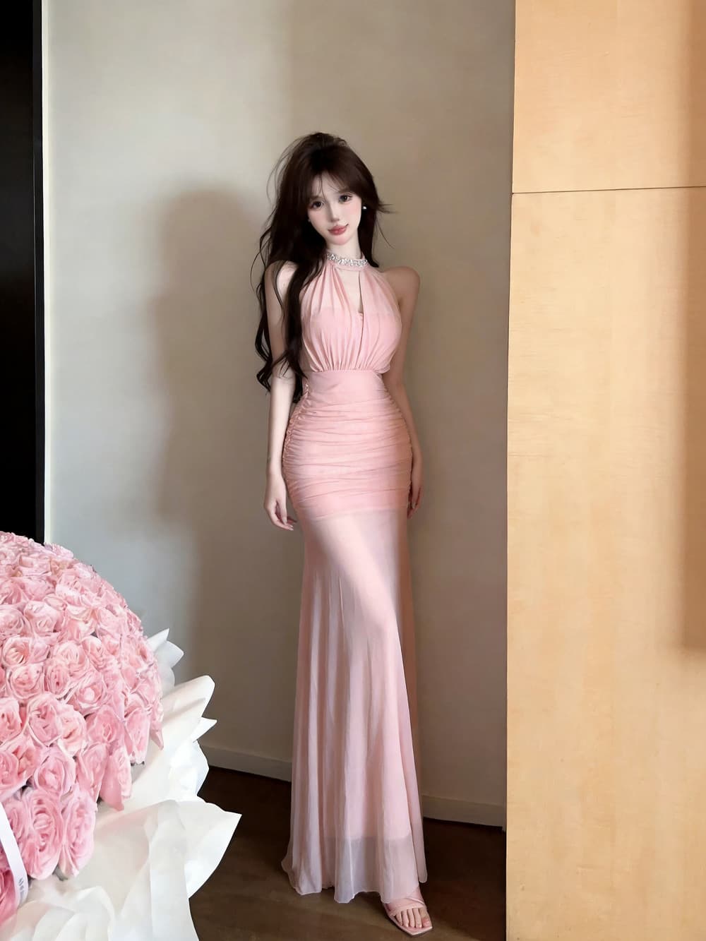 실사 명문 여성 품격 섹시함 행침 목 디자인 센스 망사 휴가 허리 수축 슬림해 보이는 타이트 스커트 드레스 상세 이미지 4
