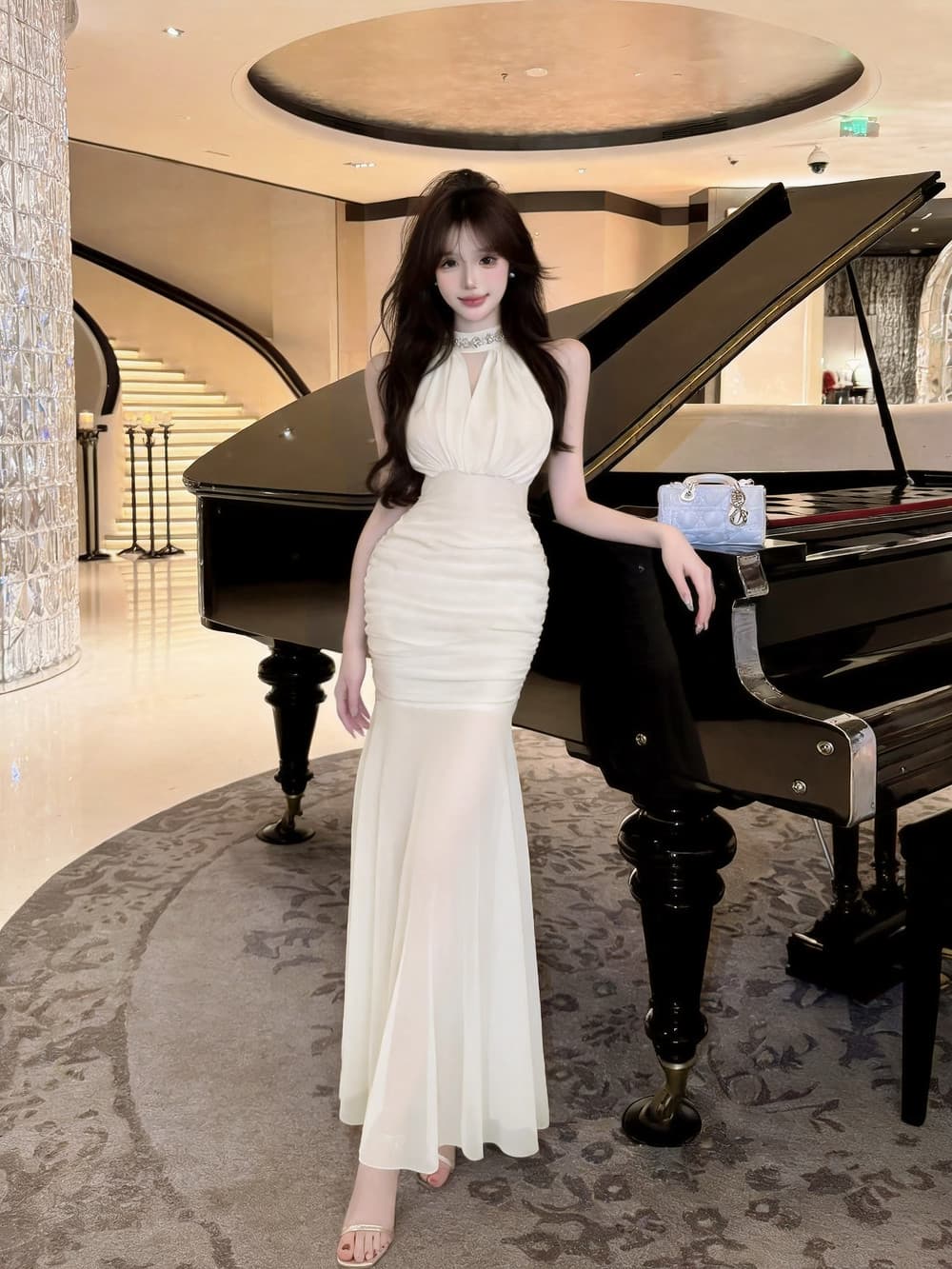 실사 명문 여성 품격 섹시함 행침 목 디자인 센스 망사 휴가 허리 수축 슬림해 보이는 타이트 스커트 드레스 상세 이미지 14