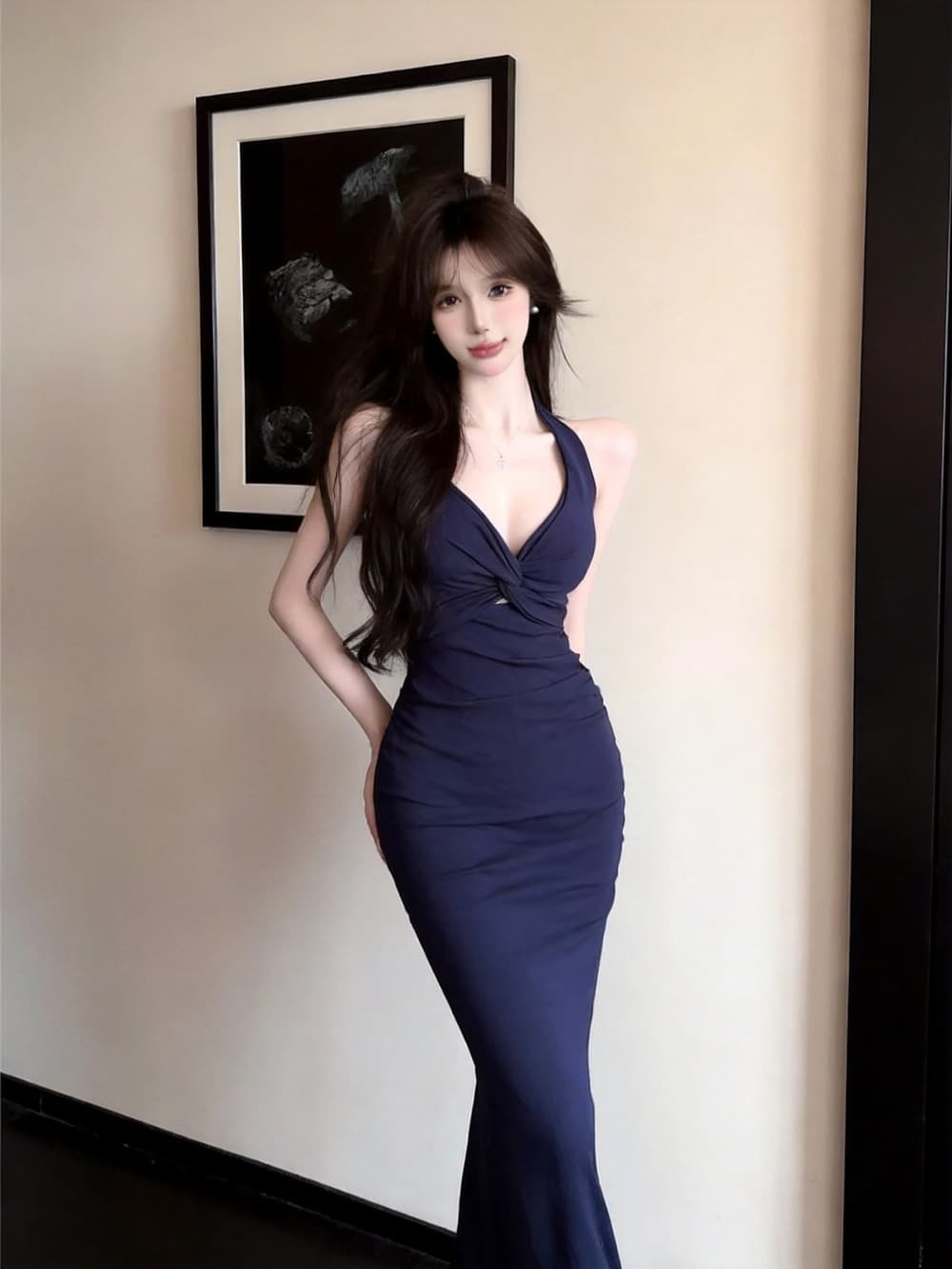 실사 프랑스식 명문 여성 섹시함 V넥 홀로우 아웃 행침 목 핫걸 품격 허리 수축 트임 타이트 스커트 드레스 상세 이미지 10