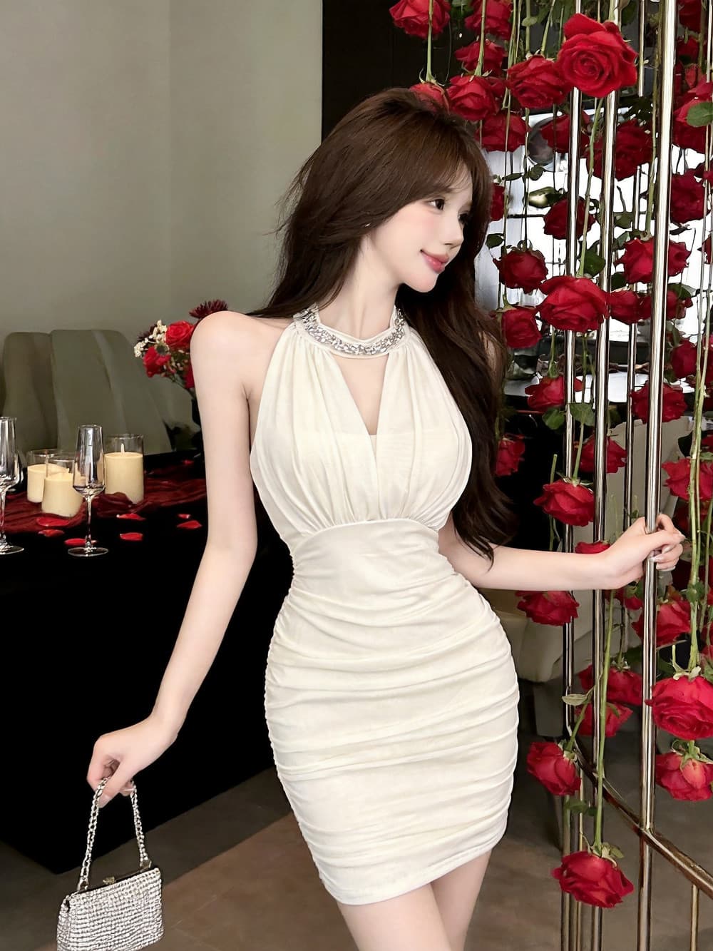 실사 프랑스식 순수한 욕망 비즈 박기 행침 목 오프숄더 품격 허리 수축 주름 슬림해 보이는 타이트 스커트 드레스 상세 이미지 19