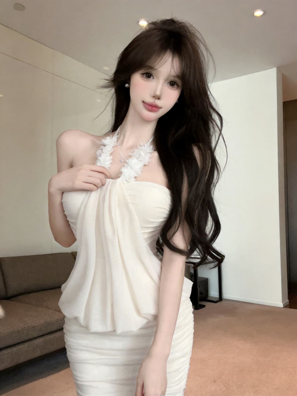 실사 순수한 욕망 달콤한 매운맛 디자인 센스 꽃 장식 행침 목 주름 슬림해 보이는 표지 고기 타이트 스커트 드레스 상세 이미지 21