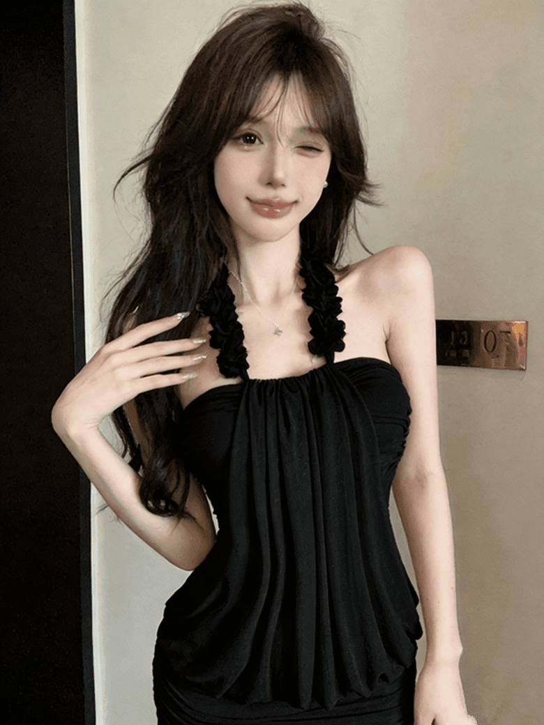 실사 순수한 욕망 달콤한 매운맛 디자인 센스 꽃 장식 행침 목 주름 슬림해 보이는 표지 고기 타이트 스커트 드레스 상세 이미지 32
