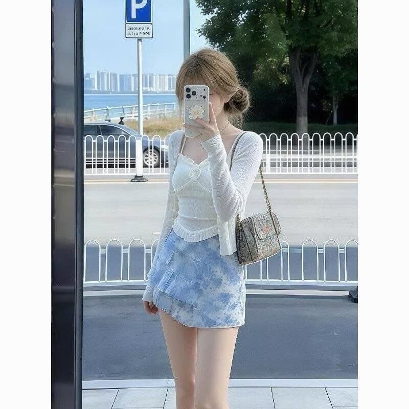 작은 키 아름다운 휴가 바람 패션 세트 여성 여름 달콤함 연령 감소 화이트 오픈 가디건 슬립 미니 스커트 3종 세트 이미지 2