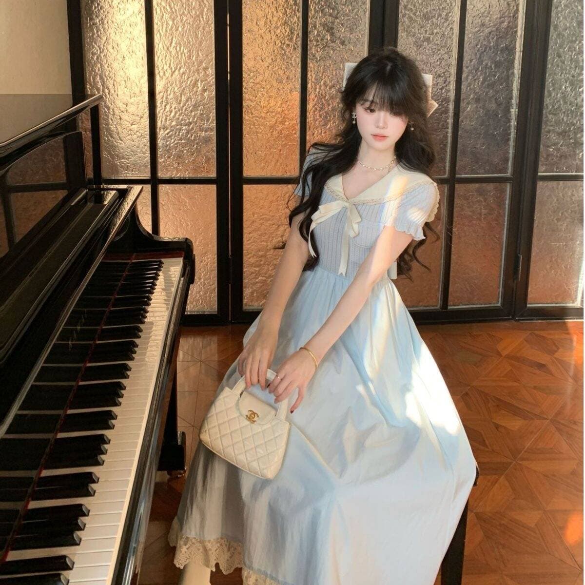 앨리스 꿈 프랑스식 니트 해군 칼라 품격 드레스 나비 매듭 배색 허리 수축 슬림해 보이는 롱 스커트 이미지 3