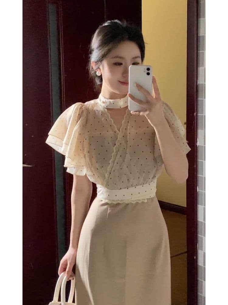 남자 끝났어 비와 안개 일본식 품격 부드러운 살구 색상 도트 무늬 맨위 블라우스 몸매 가꾸기 레트로 점프 슈트 치마 세트 상세 이미지 4