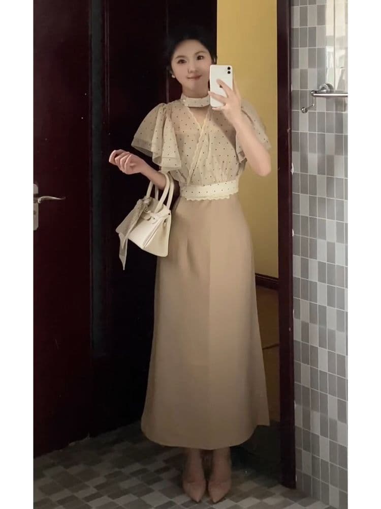 남자 끝났어 비와 안개 일본식 품격 부드러운 살구 색상 도트 무늬 맨위 블라우스 몸매 가꾸기 레트로 점프 슈트 치마 세트 상세 이미지 8