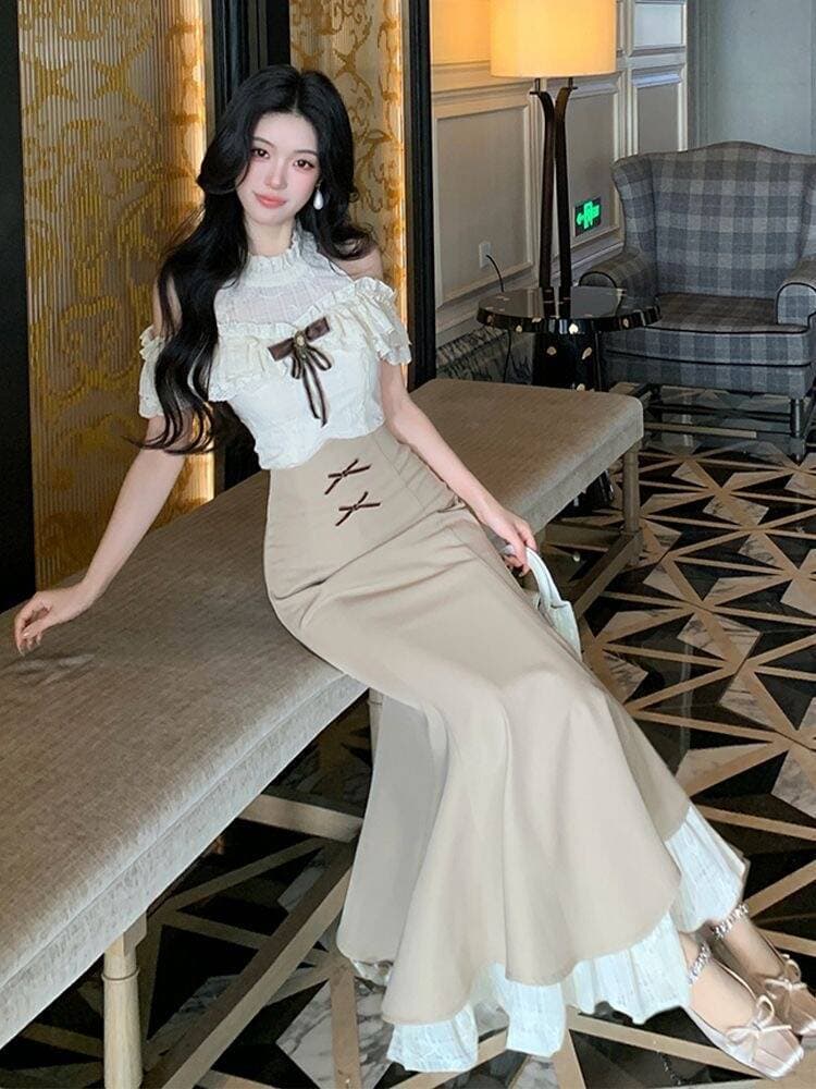 앨리스 꿈 프랑스식 니트 해군 칼라 품격 드레스 나비 매듭 배색 허리 수축 슬림해 보이는 롱 스커트 상세 이미지 3