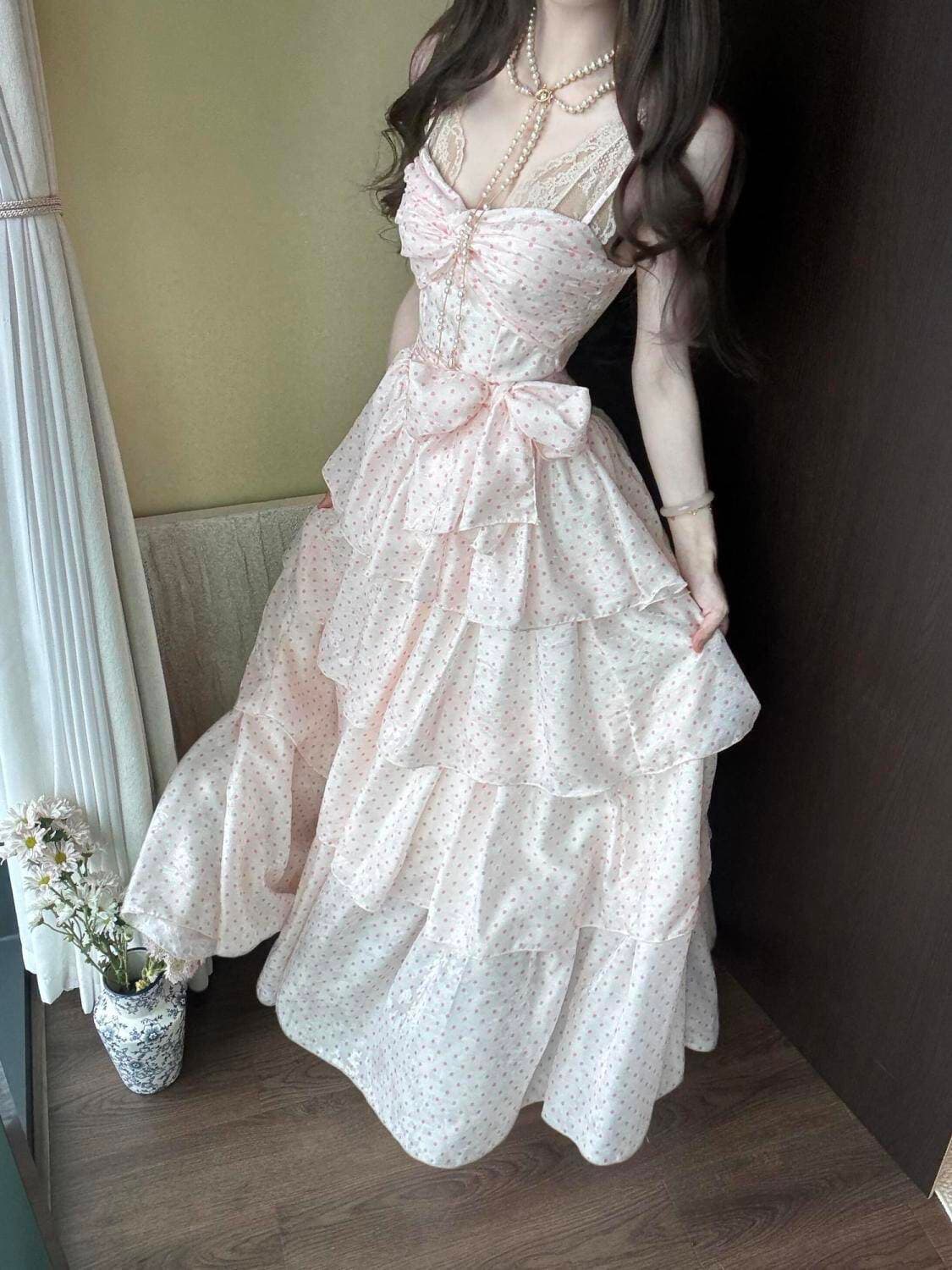 여름 순수한 욕망의 바다 측면 가짜 바람 분위기 센스 슬립 드레스 프릴 패치워크 도트 무늬 허리 수축 슬림해 보이는 롱 스커트 상세 이미지 4