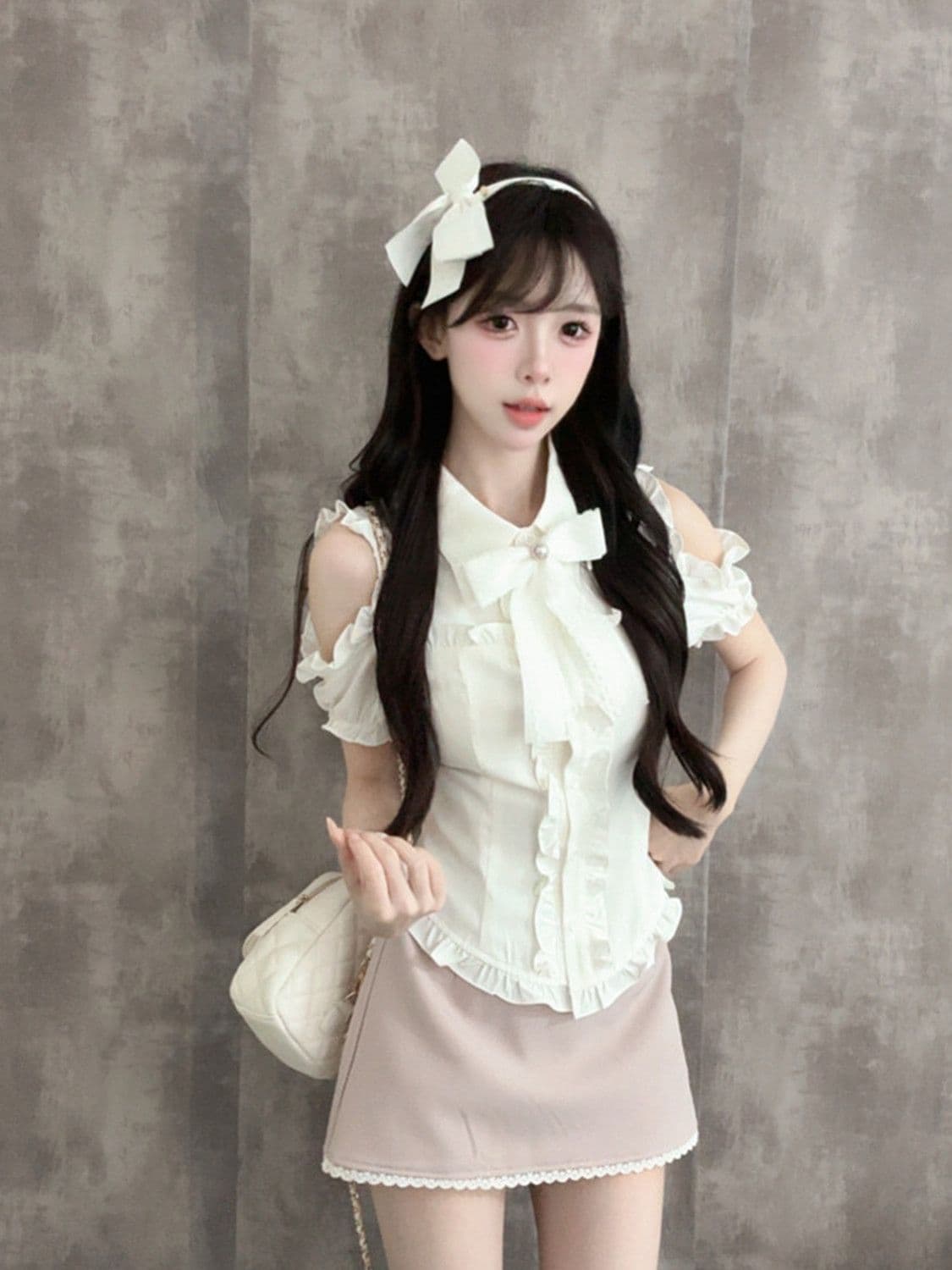 작은 소나무 나이 나이 달콤함 작은 대중 디자인 센스 클리어 부서 여성 여름 오프숄더 셔츠 하이웨이스트 반 스커트 투피스 세트 상세 이미지 2