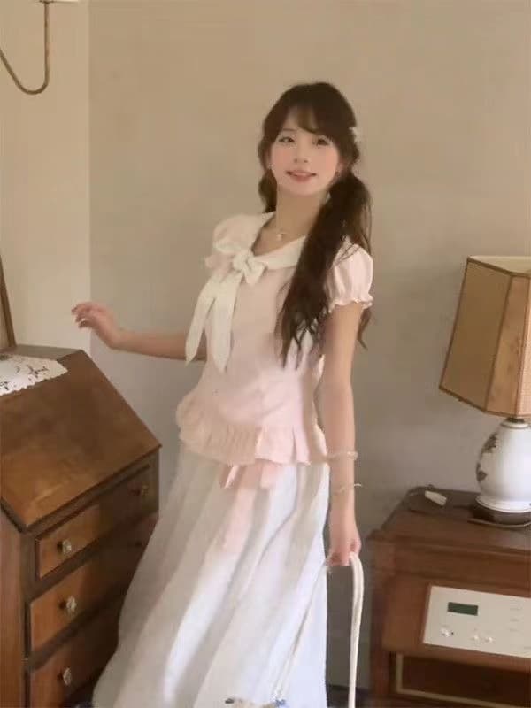 오후 달콤한 차 프랑스식 귀여운 달콤한 자매 페이크 레이어드 핑크색 셔츠 맨위 여성 코디 도트 무늬 꽃밭 반신 스커트 상세 이미지 3