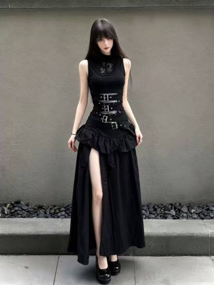 새로운 검정색 형제 특별 바람 고대 복장 차가운 매운맛 민소매 디자인 슬림해 보이는 허리 수축 맨위 하이웨이스트 트임 롱 스커트 투피스 세트 상세 이미지 2
