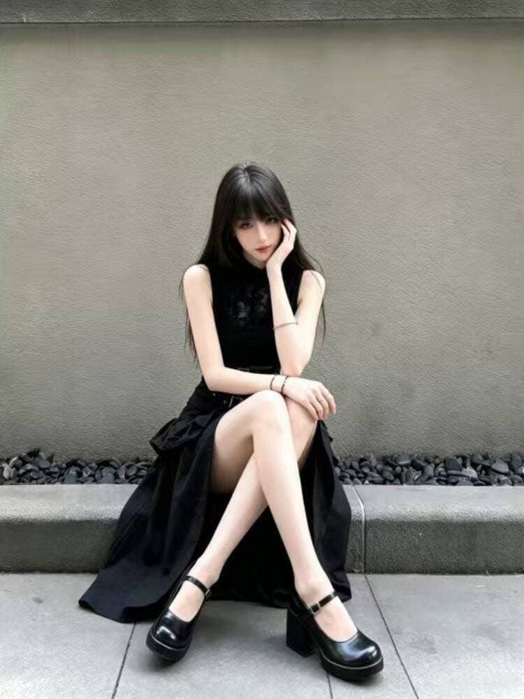 새로운 검정색 형제 특별 바람 고대 복장 차가운 매운맛 민소매 디자인 슬림해 보이는 허리 수축 맨위 하이웨이스트 트임 롱 스커트 투피스 세트 상세 이미지 4