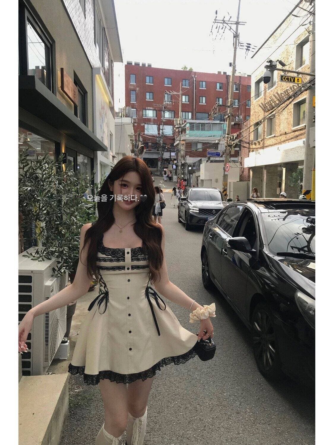 바로크 진주 광장 칼라 물결무늬 레이스 레이스 여성 드레스 여름 프랑스식 레트로 몸매 가꾸기 미니 스커트 상세 이미지 1