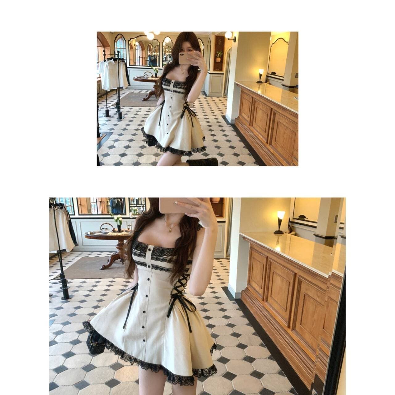 바로크 진주 광장 칼라 물결무늬 레이스 레이스 여성 드레스 여름 프랑스식 레트로 몸매 가꾸기 미니 스커트 상세 이미지 5