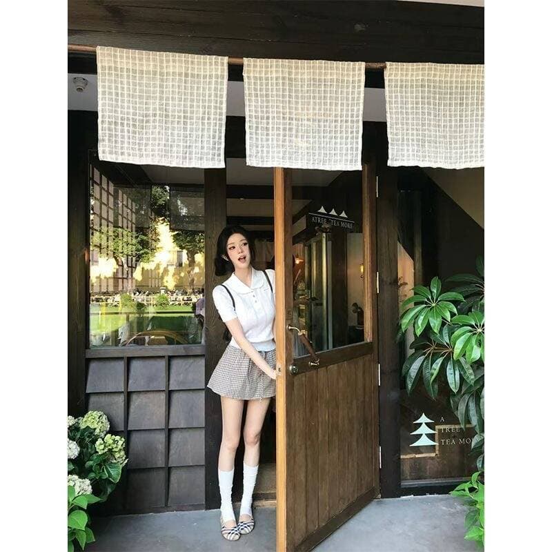 달콤한 부서 乖離 miu 부서 베이비 칼라 홀로우 아웃 자카드 polo 니트 맨위 체크무늬 A라인 스커트 달콤함 투피스 세트 이미지 3