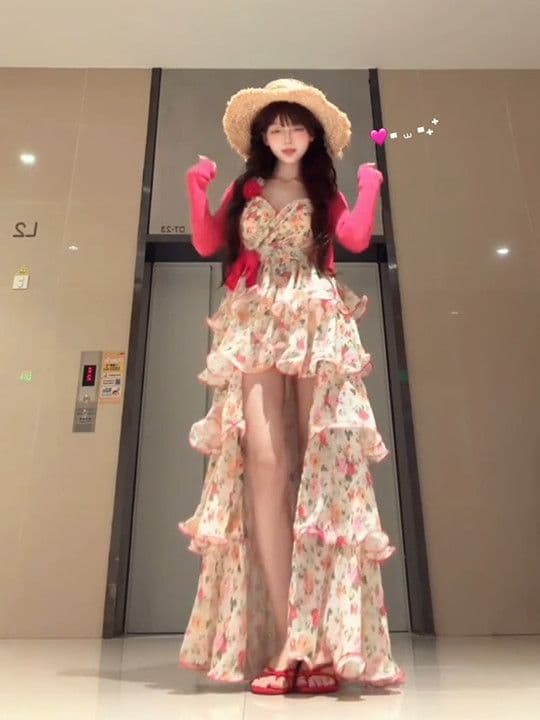 20 꽃 벽 순수한 욕망 디자인 센스 불규칙 꽃무늬 층 스택 케이크 드레스 여성 핑크색 오픈 가디건 투피스 세트 이미지 3