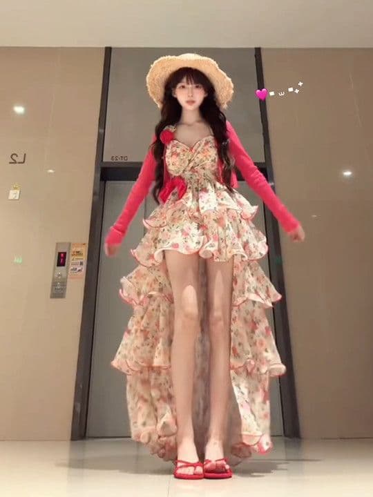 20 꽃 벽 순수한 욕망 디자인 센스 불규칙 꽃무늬 층 스택 케이크 드레스 여성 핑크색 오픈 가디건 투피스 세트 이미지 4