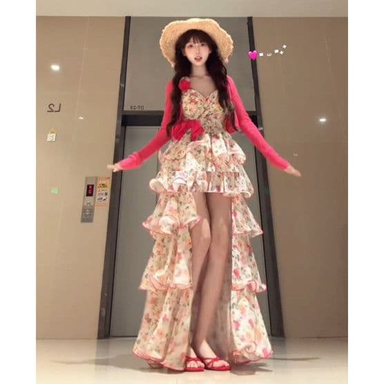 20 꽃 벽 순수한 욕망 디자인 센스 불규칙 꽃무늬 층 스택 케이크 드레스 여성 핑크색 오픈 가디건 투피스 세트