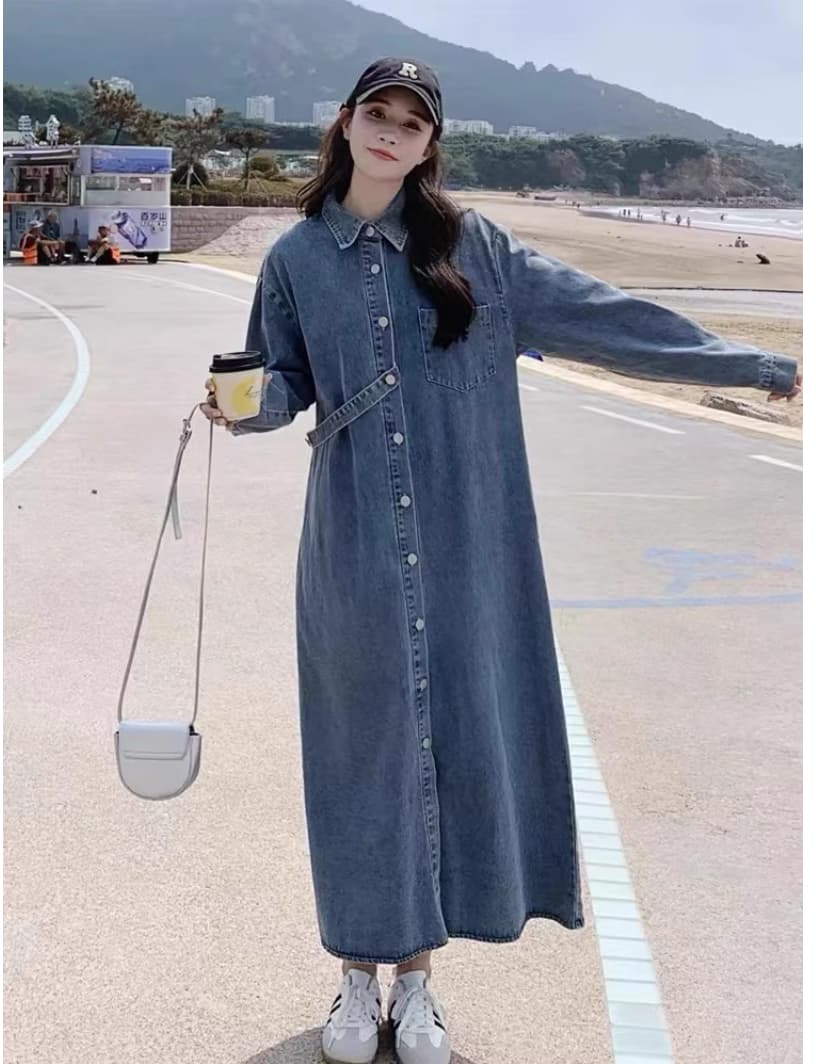 질량 2026 봄 새로운 레트로 품격 긴팔 루즈핏 슬림해 보이는 캐주얼 셔츠 롱 스커트 데님 드레스 상세 이미지 4