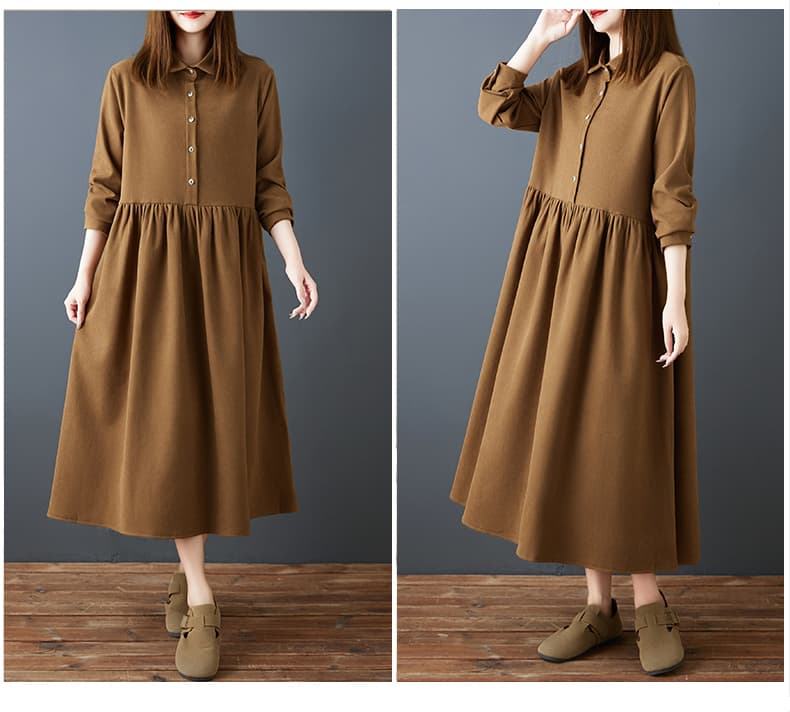 실사 2026 봄 새로운 빅 사이즈 패션 여성 롱 스커트 작은 나뭇잎 옥 버클 디자인 센스 폴로 칼라 슬림해 보이는 드레스 상세 이미지 11