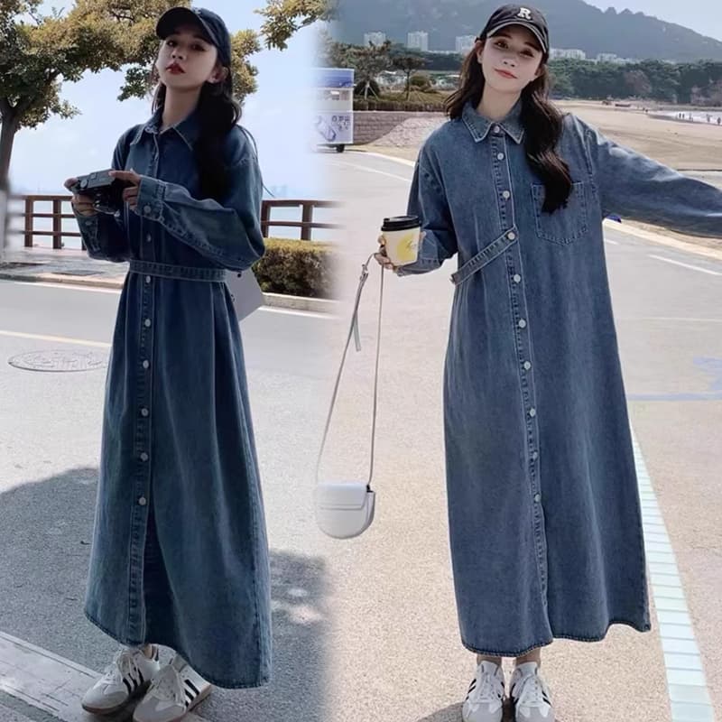 2026 가을 새로운 레트로 품격 긴팔 루즈핏 슬림해 보이는 캐주얼 셔츠 롱 스커트 디자인 센스 데님 드레스