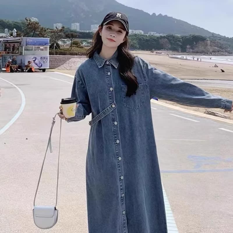 2026 가을 새로운 레트로 품격 긴팔 루즈핏 슬림해 보이는 캐주얼 셔츠 롱 스커트 디자인 센스 데님 드레스 이미지 3