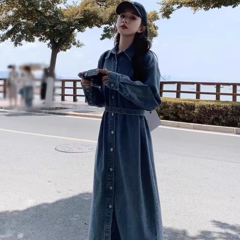 2026 가을 새로운 레트로 품격 긴팔 루즈핏 슬림해 보이는 캐주얼 셔츠 롱 스커트 디자인 센스 데님 드레스 이미지 4