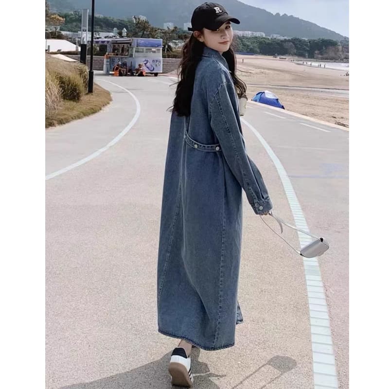 2026 가을 새로운 레트로 품격 긴팔 루즈핏 슬림해 보이는 캐주얼 셔츠 롱 스커트 디자인 센스 데님 드레스 이미지 5