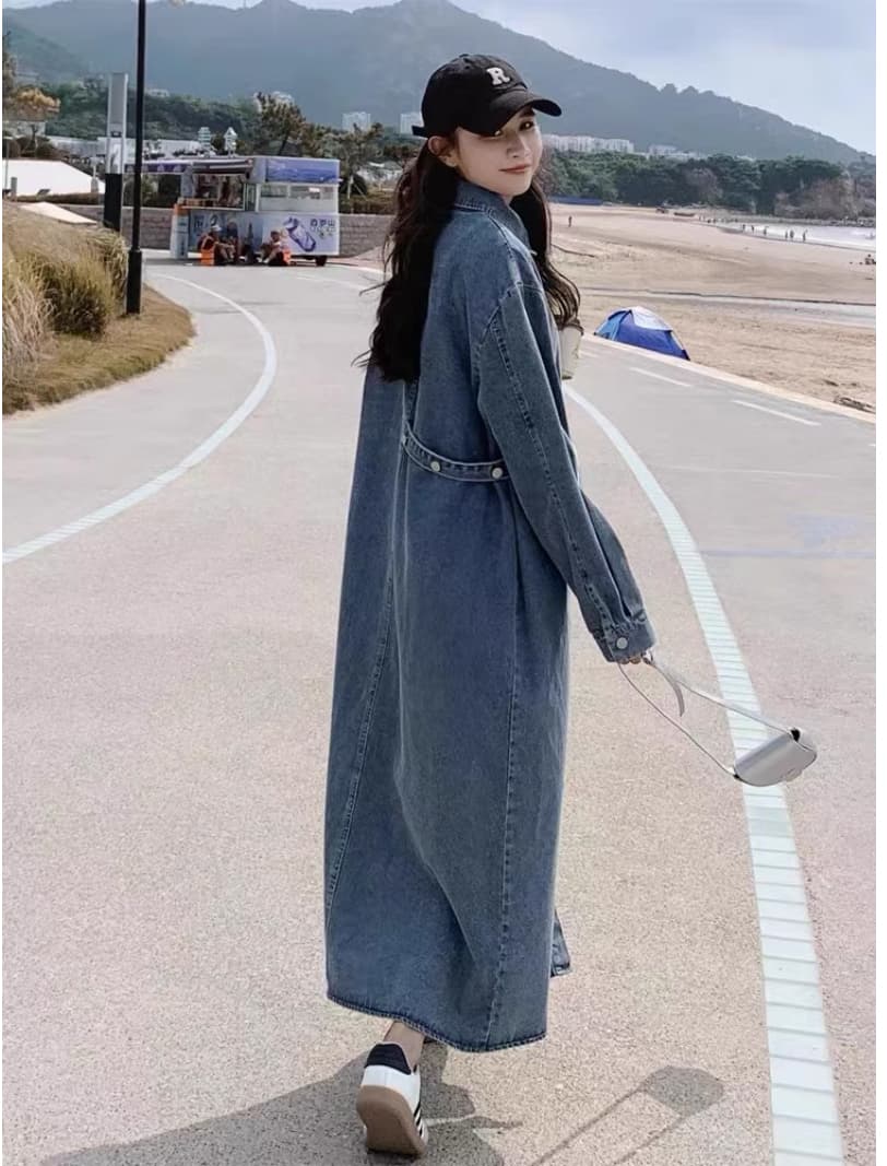 2026 가을 새로운 레트로 품격 긴팔 루즈핏 슬림해 보이는 캐주얼 셔츠 롱 스커트 디자인 센스 데님 드레스 상세 이미지 6