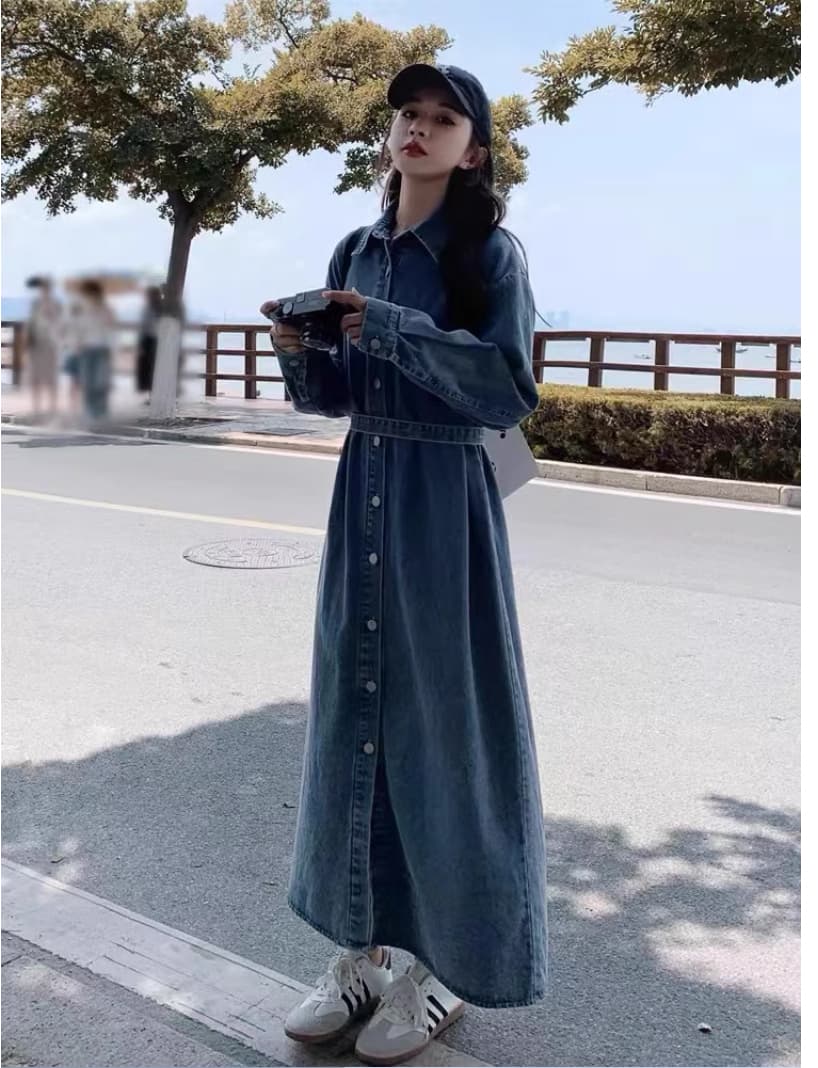 2026 가을 새로운 레트로 품격 긴팔 루즈핏 슬림해 보이는 캐주얼 셔츠 롱 스커트 디자인 센스 데님 드레스 상세 이미지 7