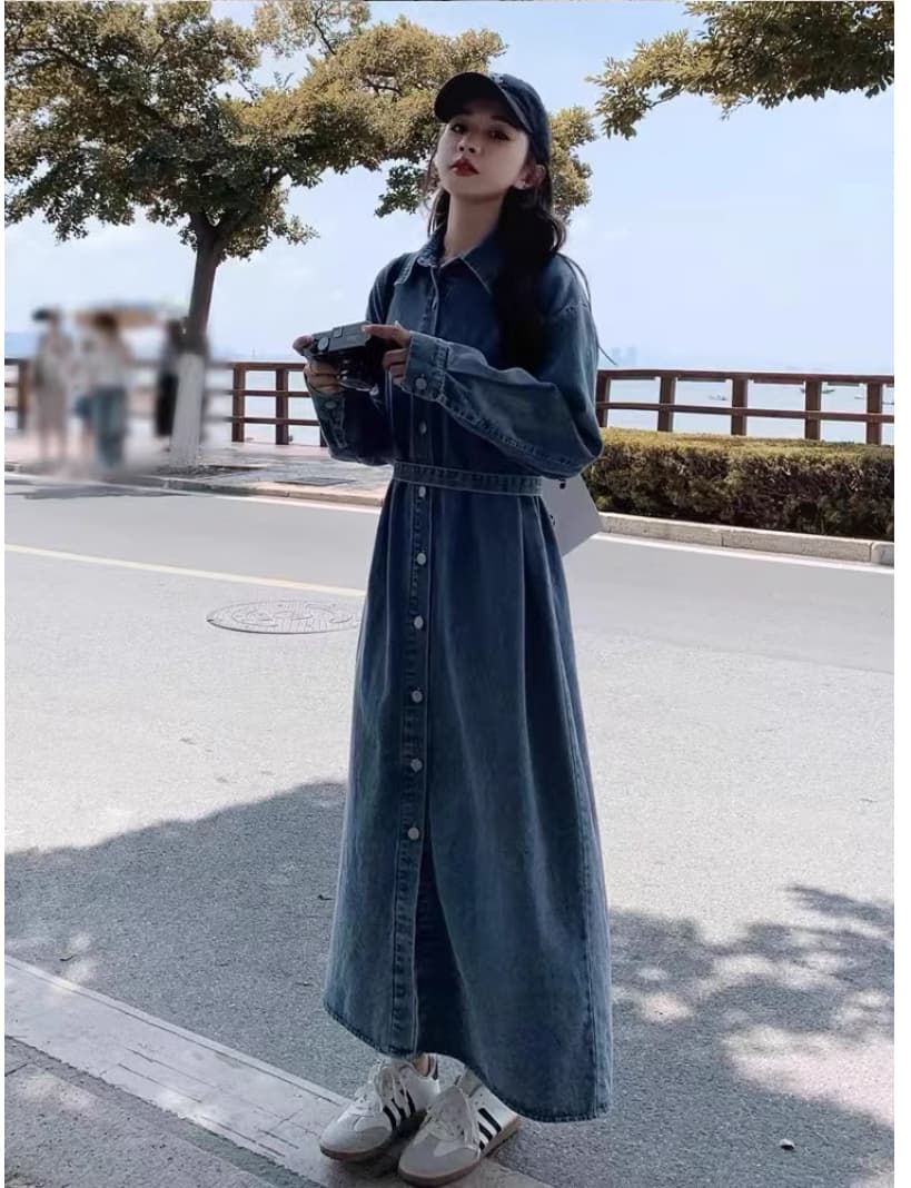 2026 가을 새로운 레트로 품격 긴팔 루즈핏 슬림해 보이는 캐주얼 셔츠 롱 스커트 디자인 센스 데님 드레스 상세 이미지 9