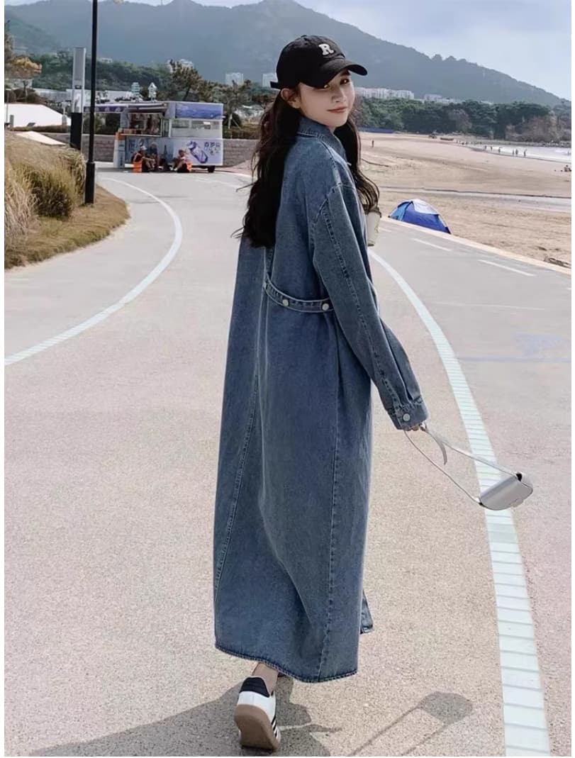 2026 가을 새로운 레트로 품격 긴팔 루즈핏 슬림해 보이는 캐주얼 셔츠 롱 스커트 디자인 센스 데님 드레스 상세 이미지 10