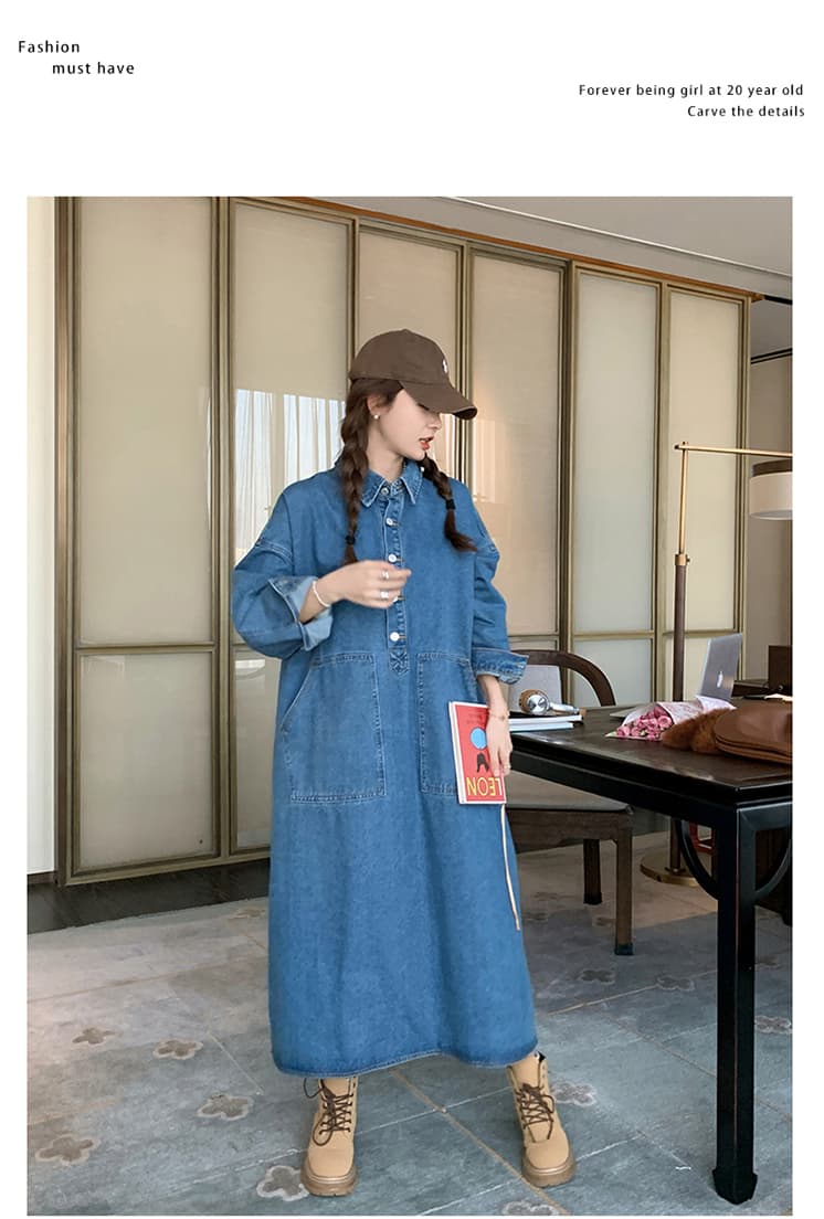 2026 가을 새로운 고급 센스 루즈핏 연령 감소 롱 코트 폴로 칼라 레트로 긴팔 셔츠 드레스 데님 드레스 상세 이미지 6