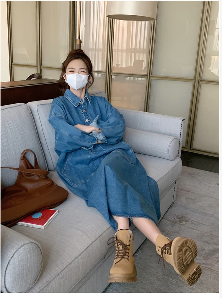 2026 가을 새로운 고급 센스 루즈핏 연령 감소 롱 코트 폴로 칼라 레트로 긴팔 셔츠 드레스 데님 드레스 상세 이미지 10