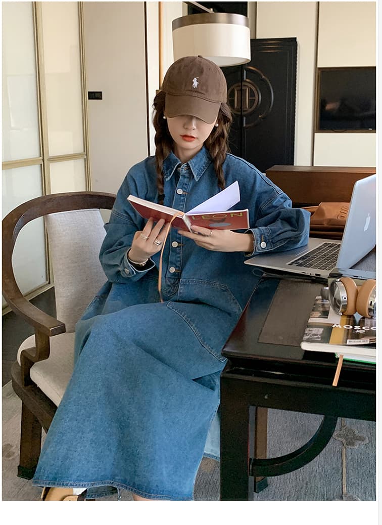 2026 가을 새로운 고급 센스 루즈핏 연령 감소 롱 코트 폴로 칼라 레트로 긴팔 셔츠 드레스 데님 드레스 상세 이미지 16