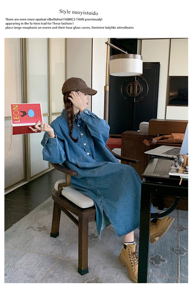 2026 가을 새로운 고급 센스 루즈핏 연령 감소 롱 코트 폴로 칼라 레트로 긴팔 셔츠 드레스 데님 드레스 상세 이미지 17