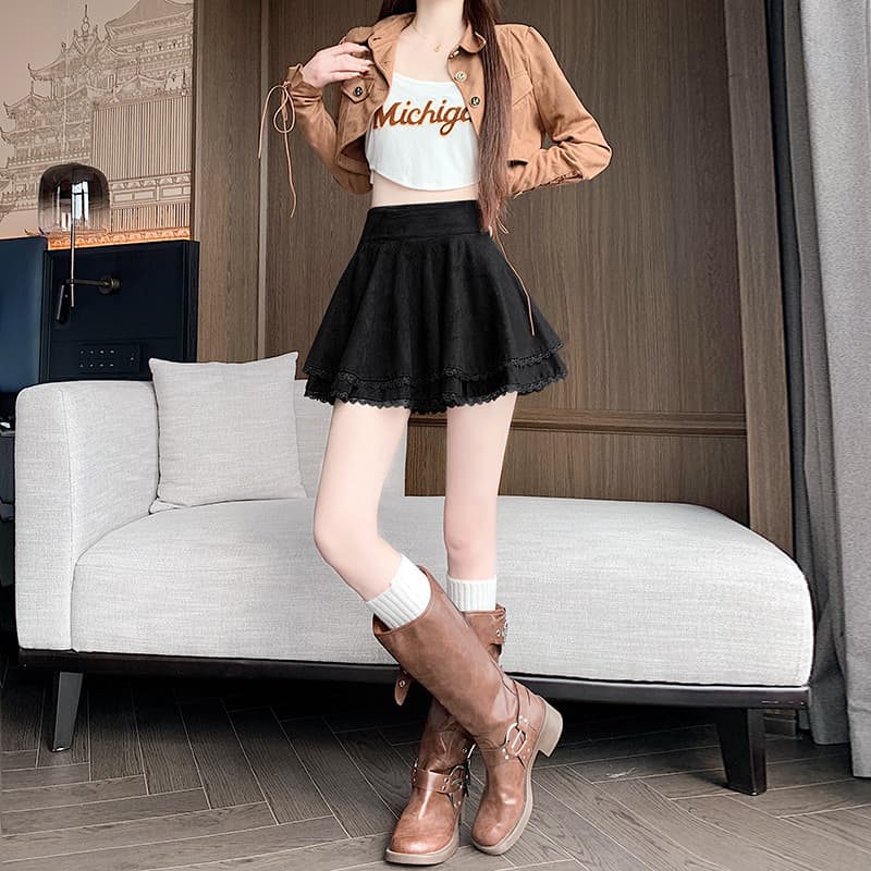 실사 가을 겨울 새로운 프랑스식 chic 레이스 레이스 패치워크 반신 스커트 스웨이드 원단 다용도 슬림해 보이는 한 마디 미니 스커트 이미지 5
