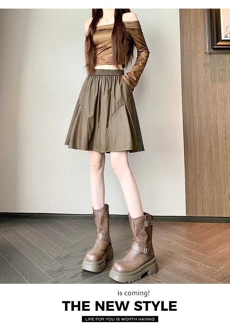 실사 가을 겨울 새로운 높은 품질 PU 가죽 바지 도루 센스 플리츠 넓은 다리 캐주얼 치마바지 상세 이미지 15