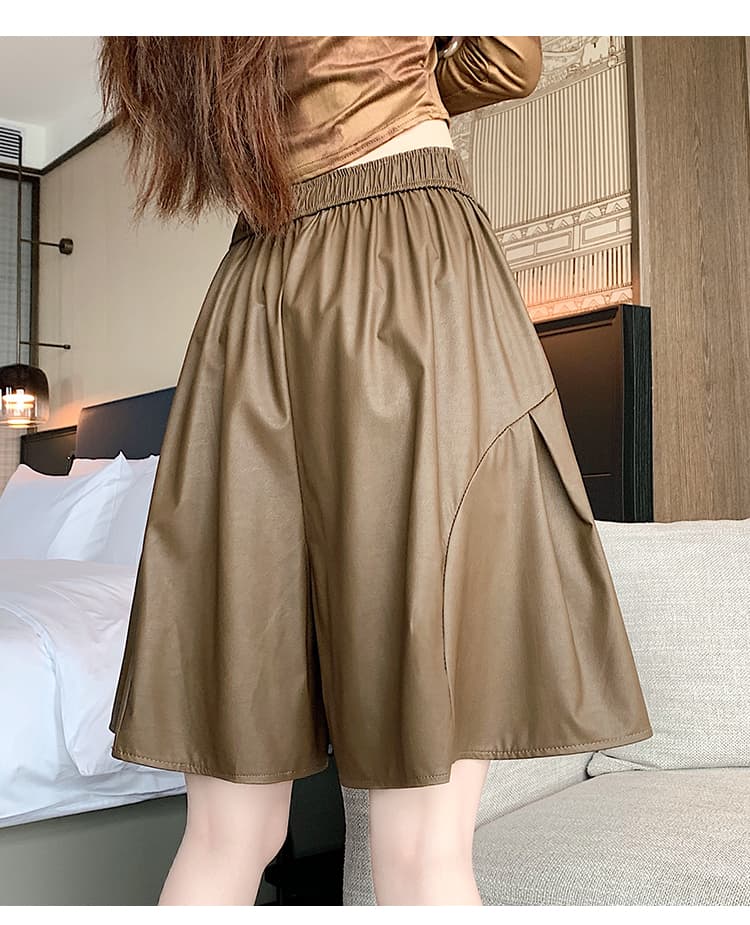 실사 가을 겨울 새로운 높은 품질 PU 가죽 바지 도루 센스 플리츠 넓은 다리 캐주얼 치마바지 상세 이미지 23