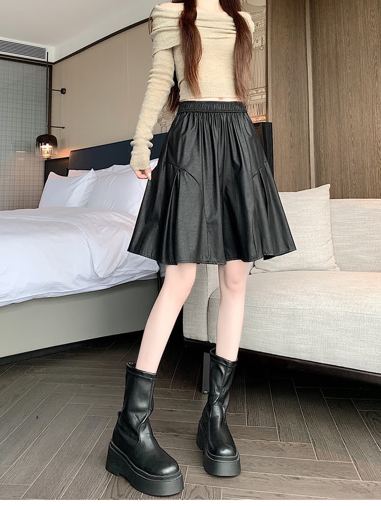 실사 가을 겨울 새로운 높은 품질 PU 가죽 바지 도루 센스 플리츠 넓은 다리 캐주얼 치마바지 상세 이미지 29