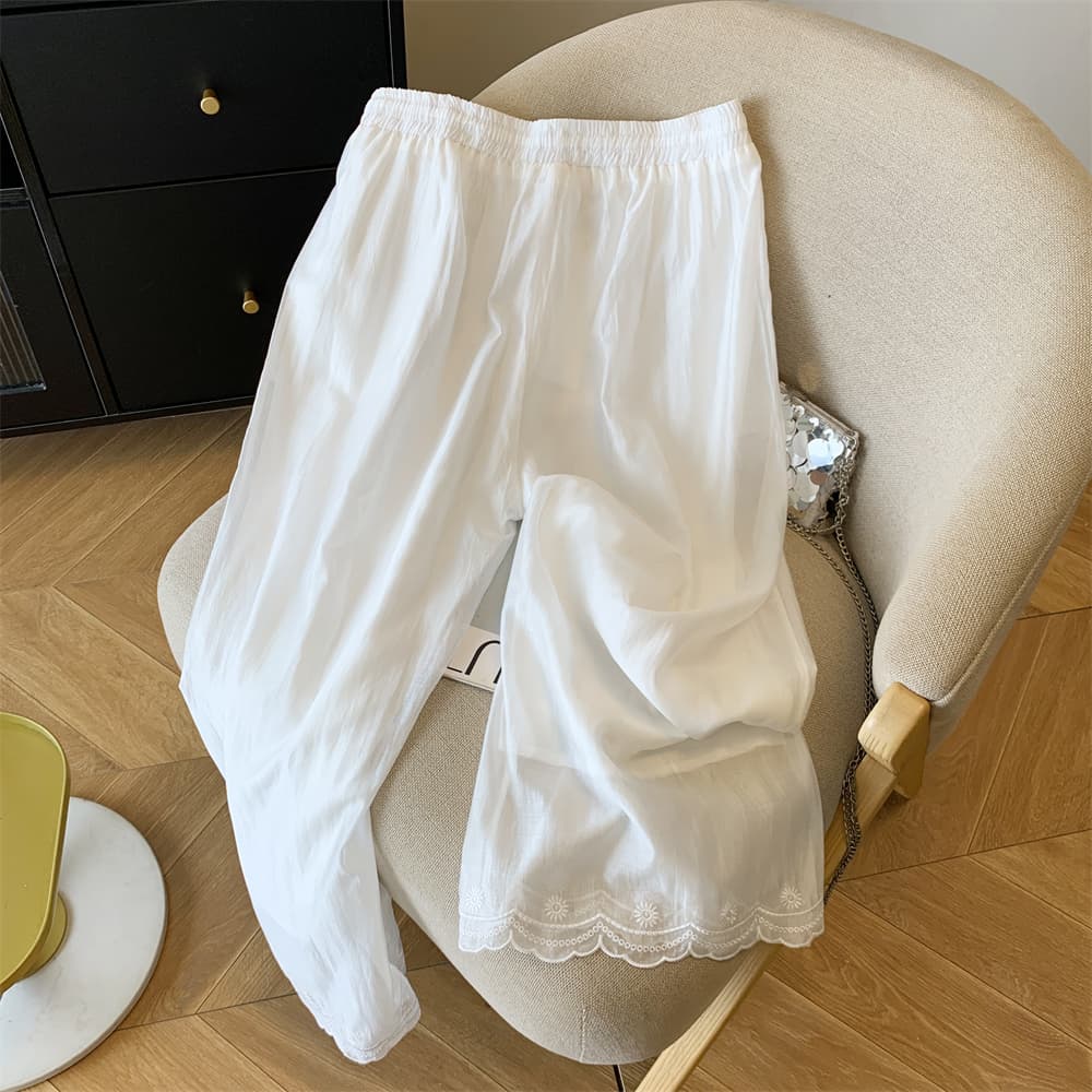 실사 프랑스식 레이스 자수 화이트 아마 캐주얼 스트레이트 팬츠 여성 새로운 얇고 가벼운 통기성 도루 센스 와이드 레그 팬츠 이미지 5