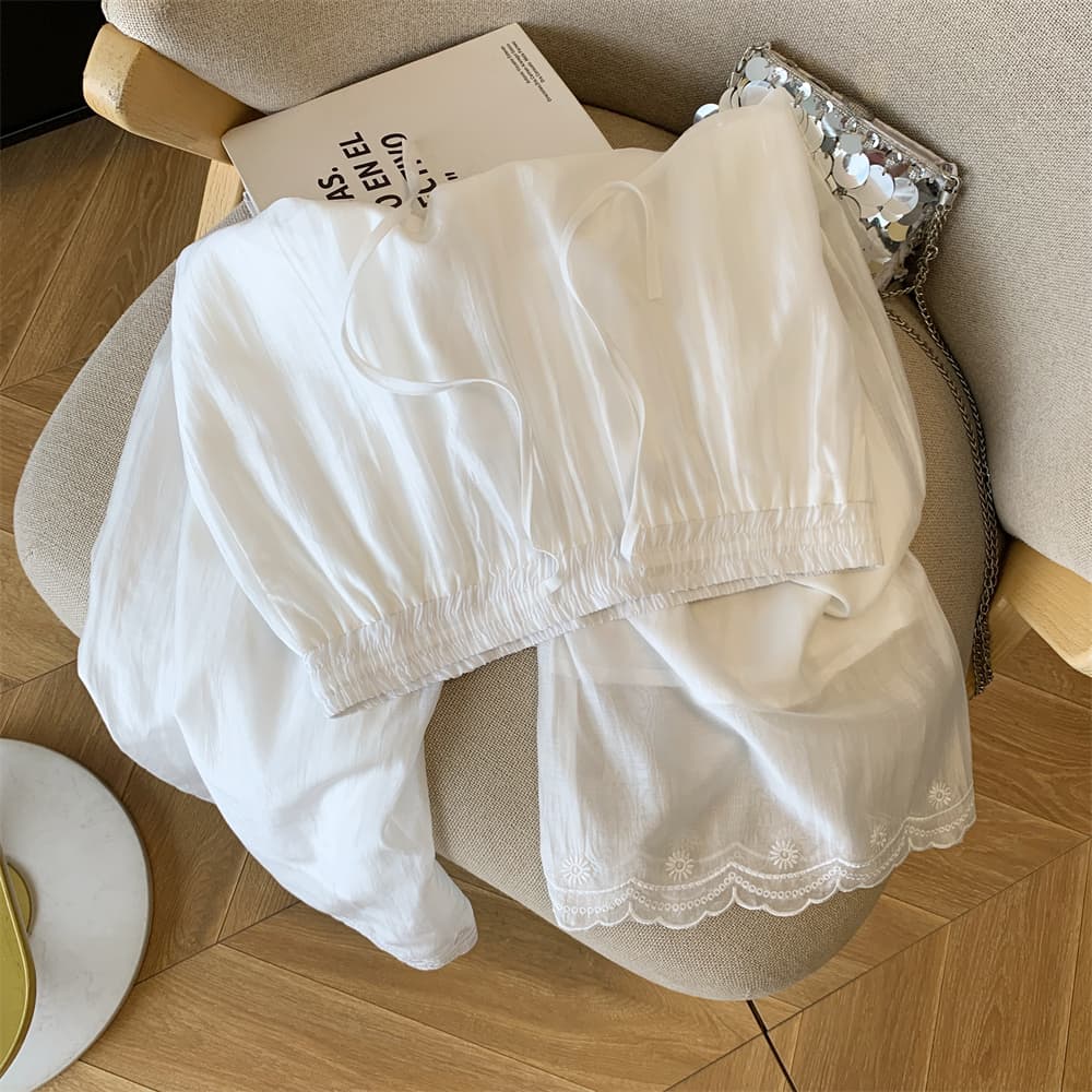 실사 프랑스식 레이스 자수 화이트 아마 캐주얼 스트레이트 팬츠 여성 새로운 얇고 가벼운 통기성 도루 센스 와이드 레그 팬츠 상세 이미지 3