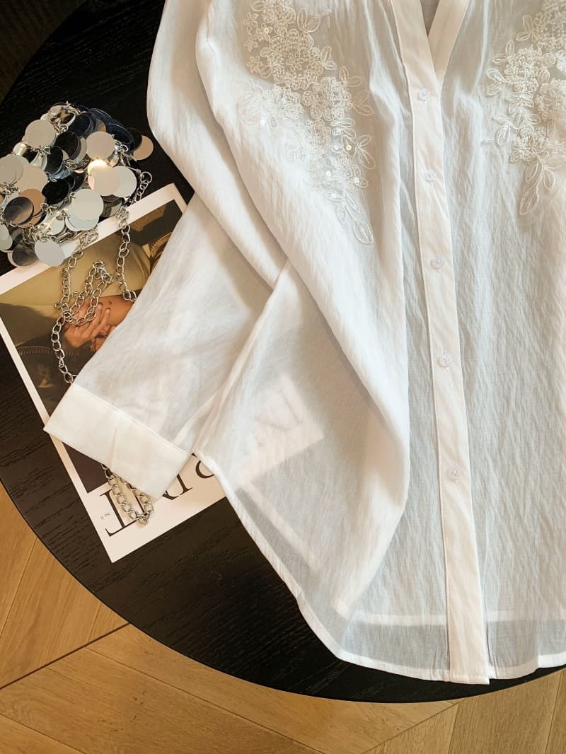 오래된 돈 바람 원색 아마 긴팔 여성 셔츠 봄 가을 프랑스식 디자인 센스 무거운 작업 스팽글 POLO 칼라 맨위 상세 이미지 5